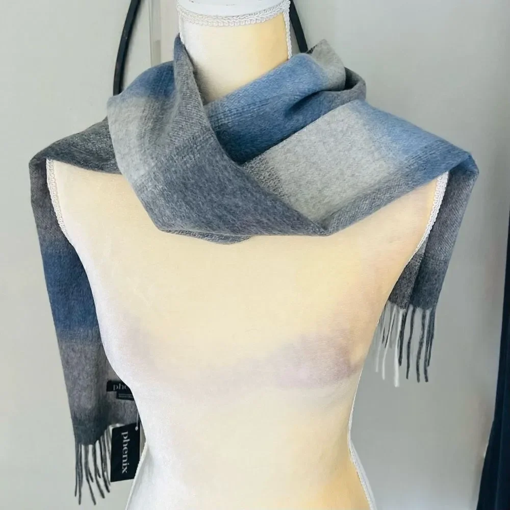 PHENIX Cashmere Mixed Weave Buffalo Plaid Scarf, Soft Luxurious, Blue Plaid, NWT